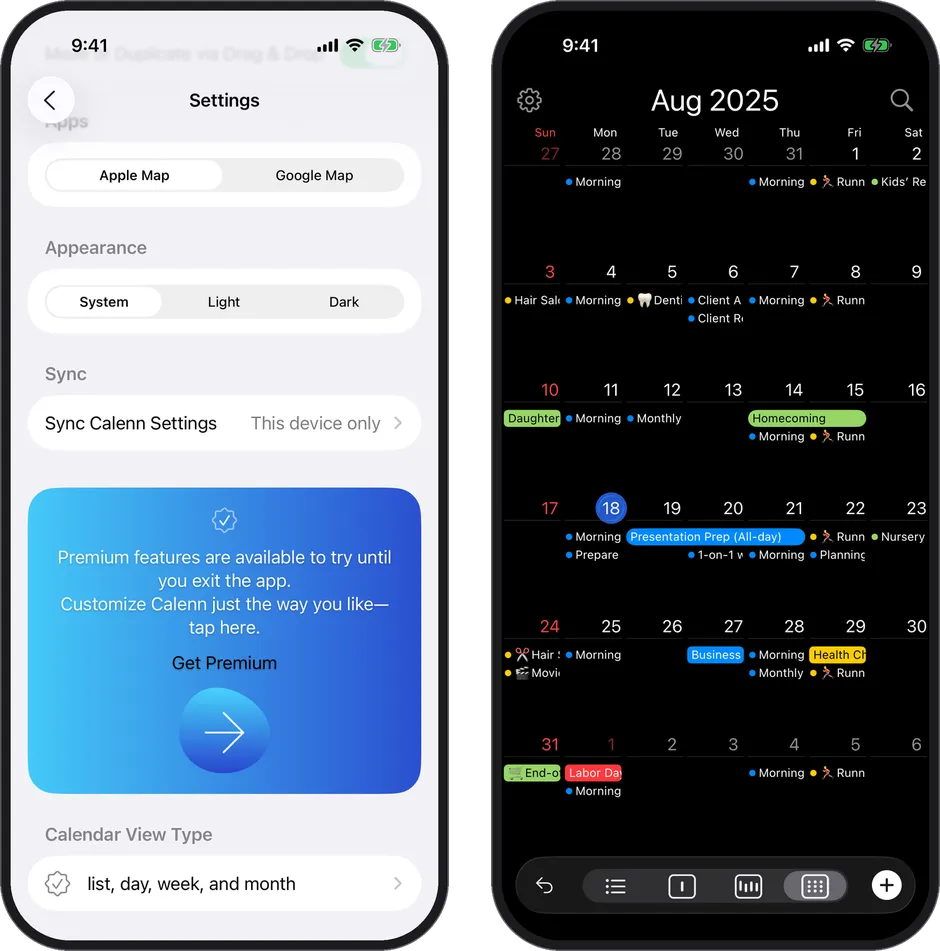 The Appearance setting and the calendar with Dark selected