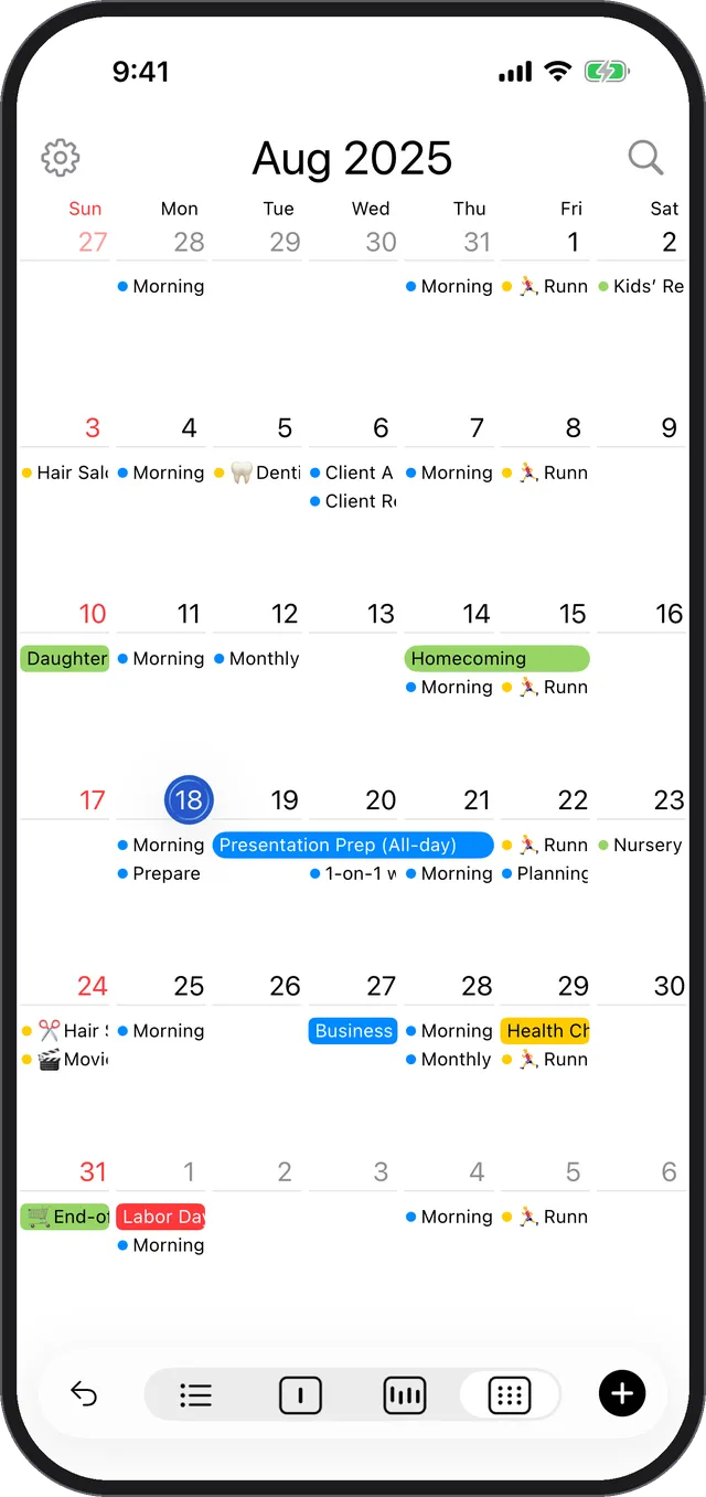The calendar screen with the back-to-today arrow at the bottom left