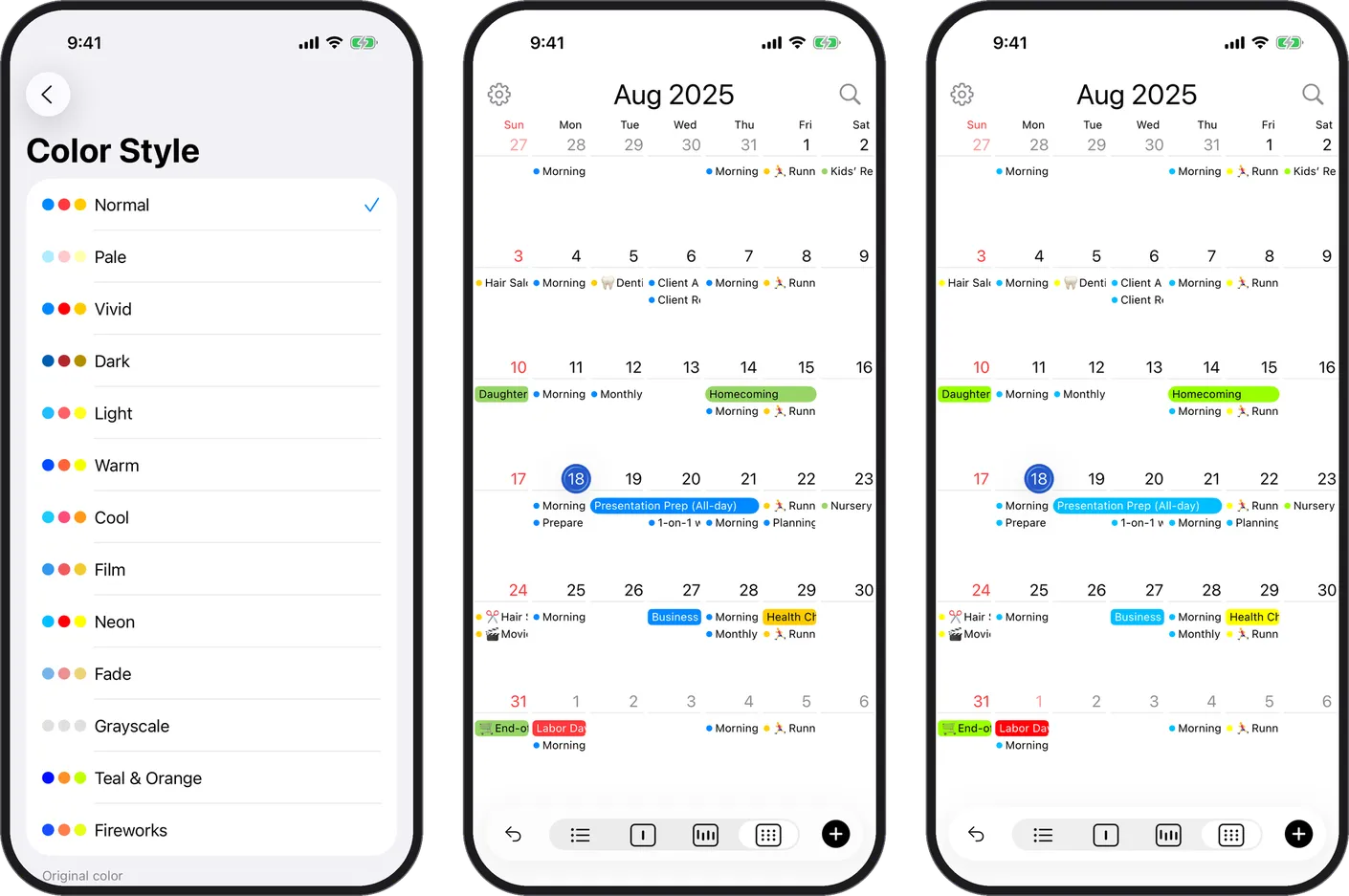 The Color Style screen with the calendar in Normal and in Neon