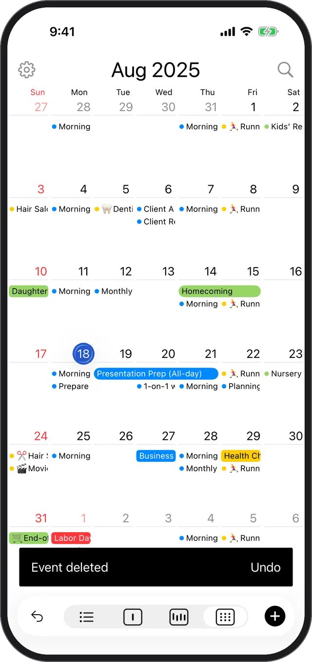 The “Event deleted / Undo” pop-up at the bottom of the screen