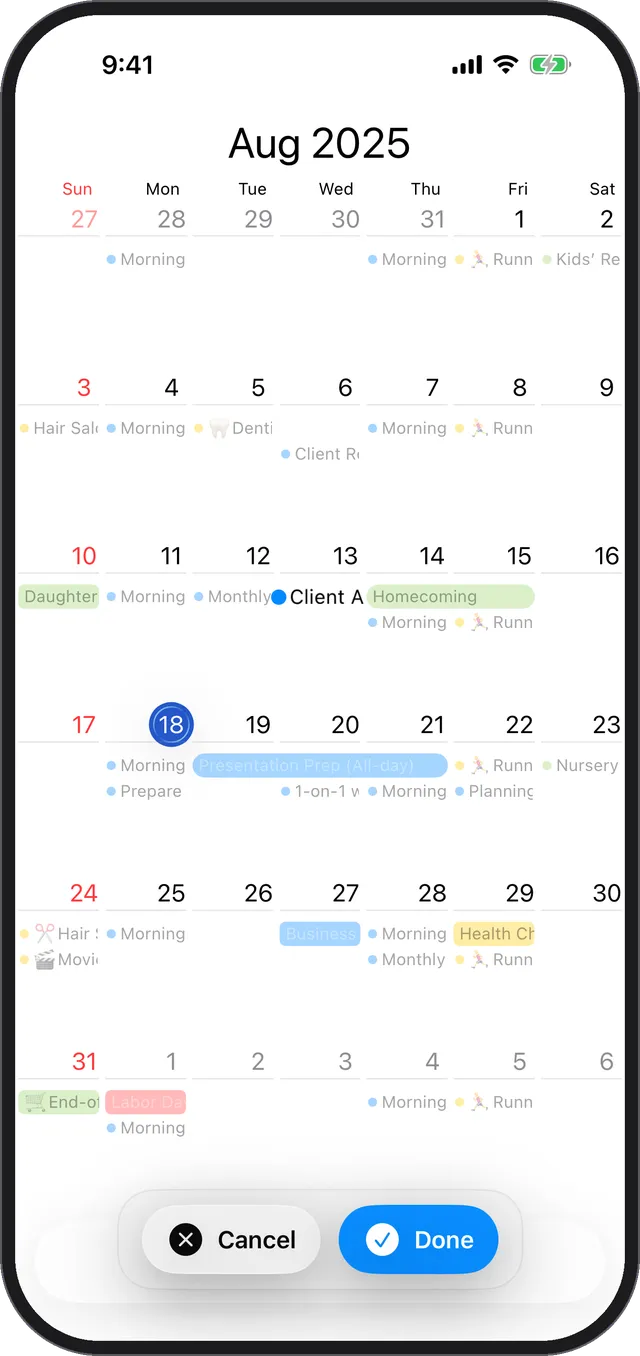 Drag mode with the event dropped on its new day and the Cancel and Done buttons at the bottom
