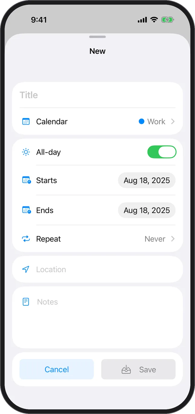 The new event sheet with fields for the title, calendar, and start and end times