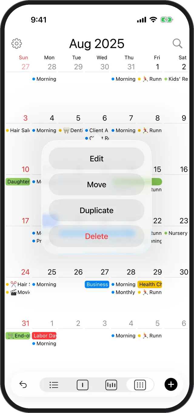 The long-press menu with Edit, Move, Duplicate, and Delete