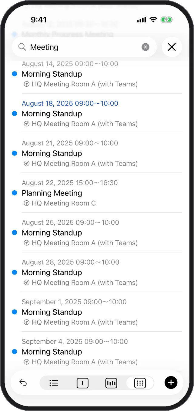 The search screen with matching events listed by date