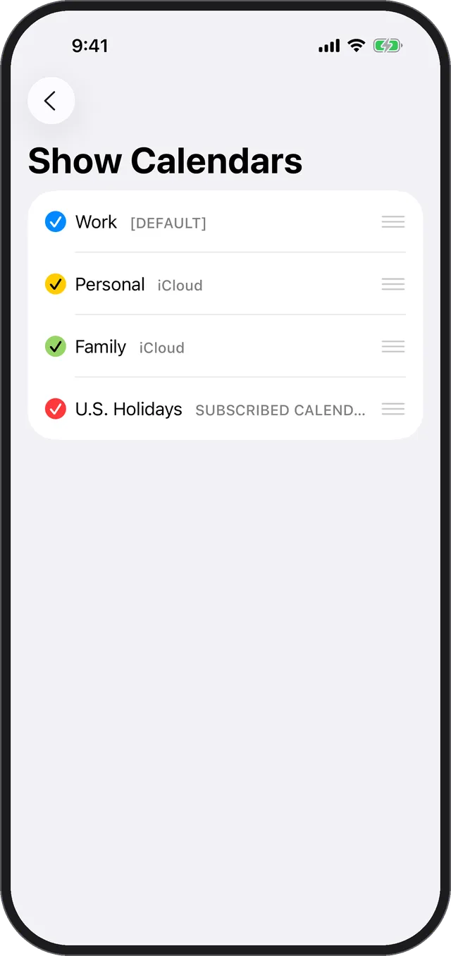 The Show Calendars screen listing calendars from each account, such as iCloud and Google