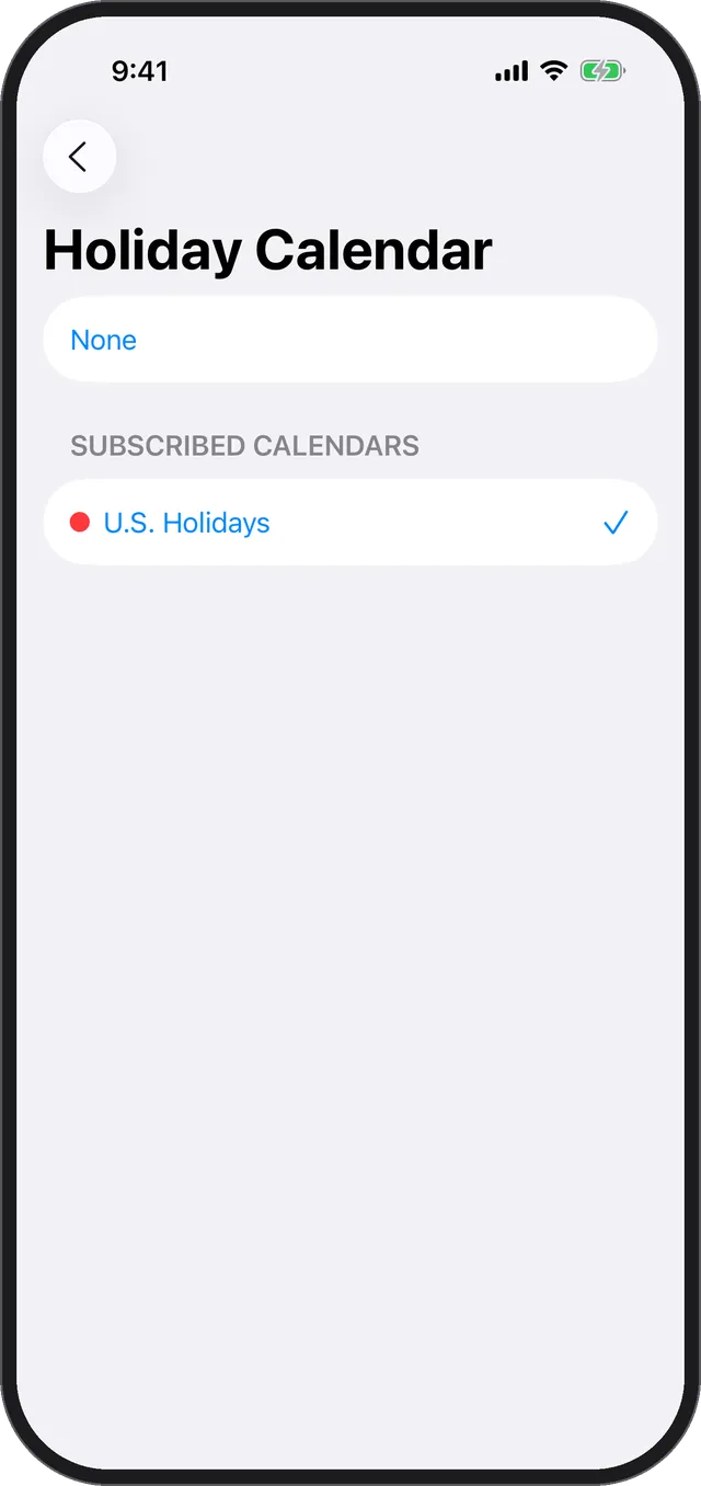The Holiday Calendar screen in Settings with a subscribed holiday calendar selected