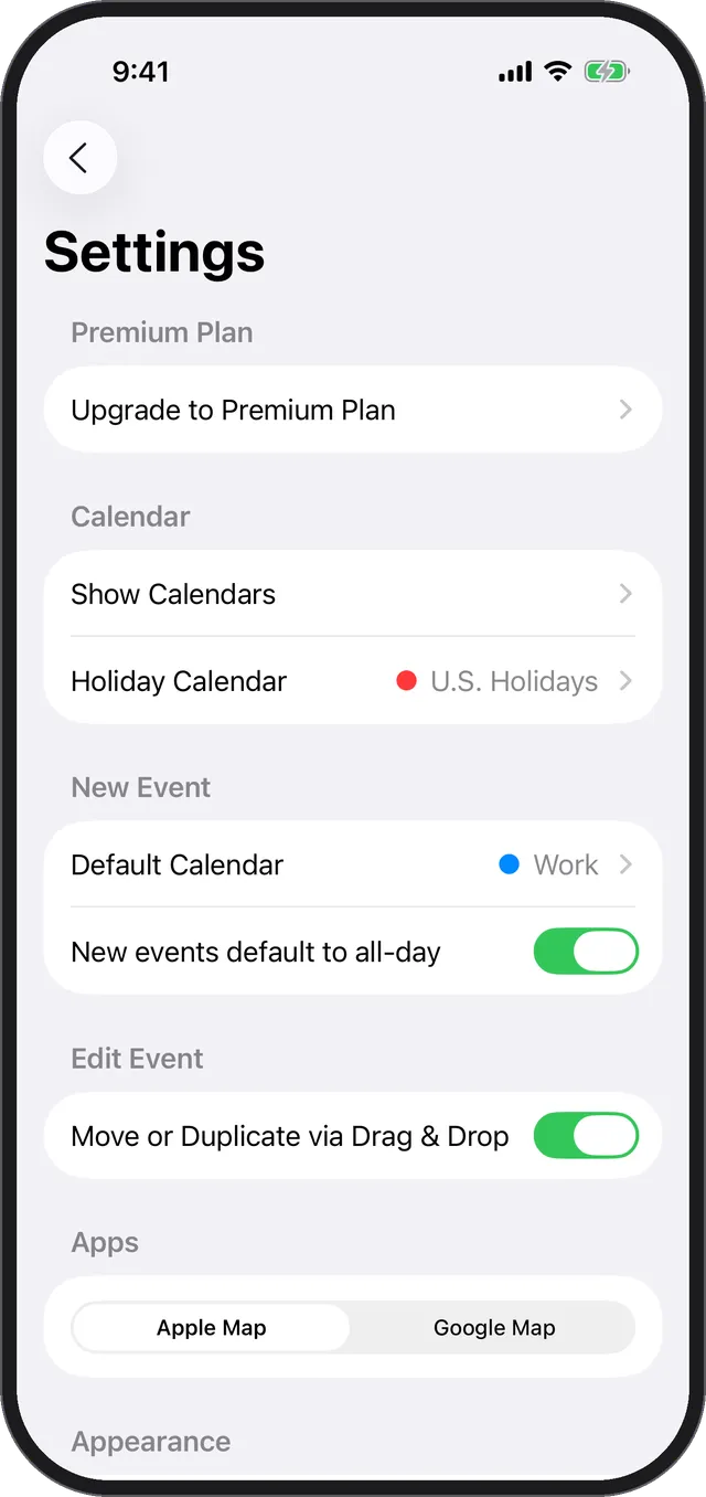 The Settings screen with the Move or Duplicate via Drag & Drop switch under Edit Event