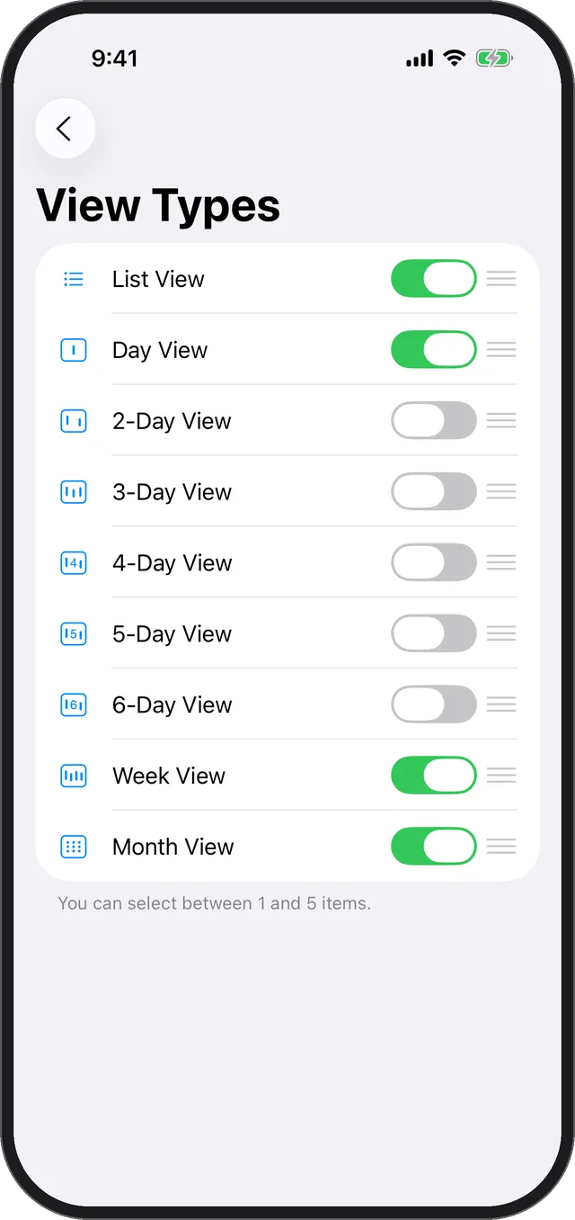 The View Types screen in Settings with list, day, week, and month turned on