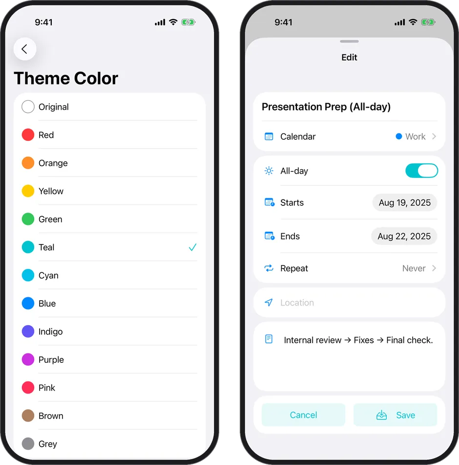 The Theme Color screen and an all-day event’s edit sheet with Teal applied