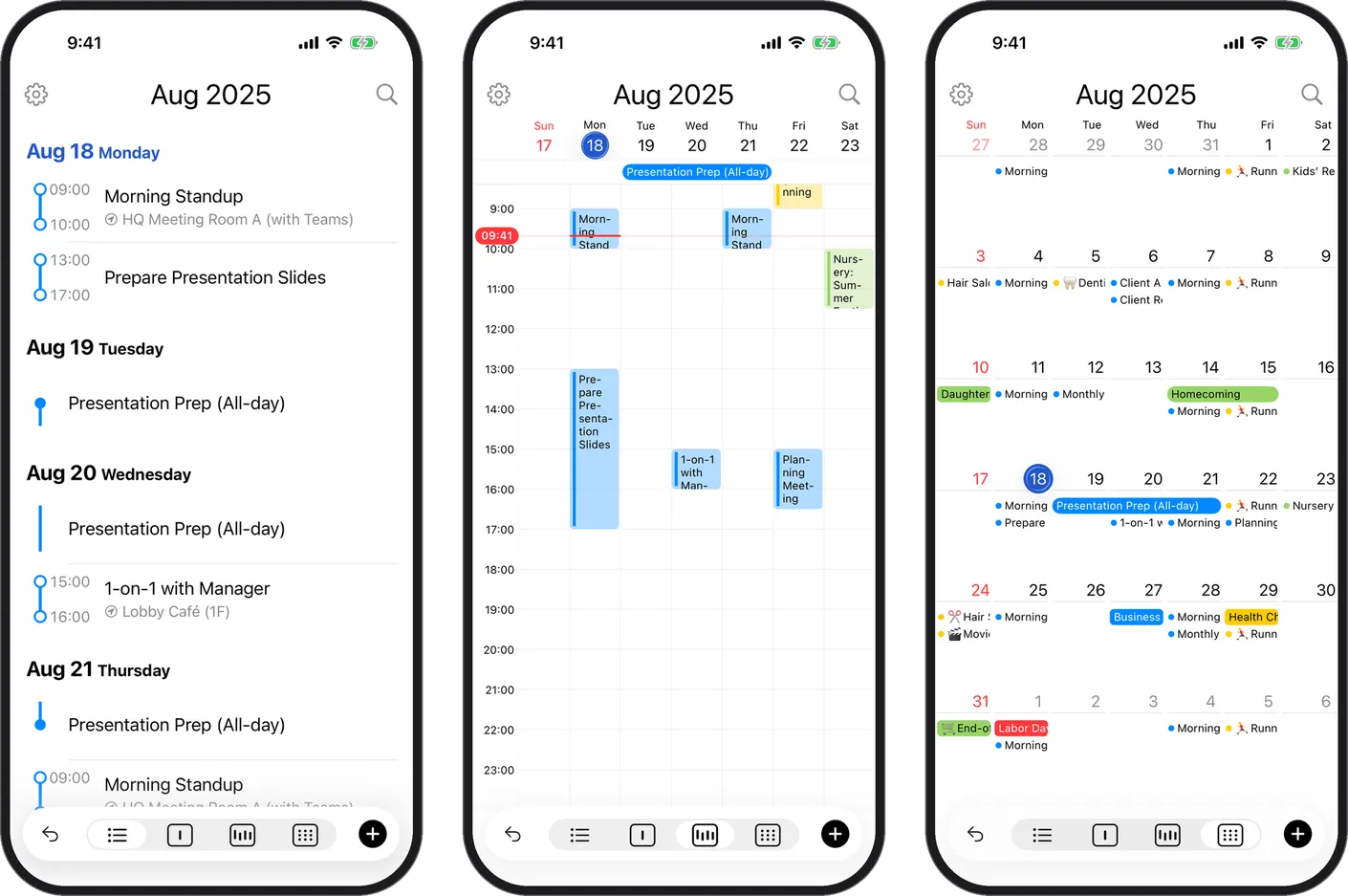 The list, week, and month views side by side
